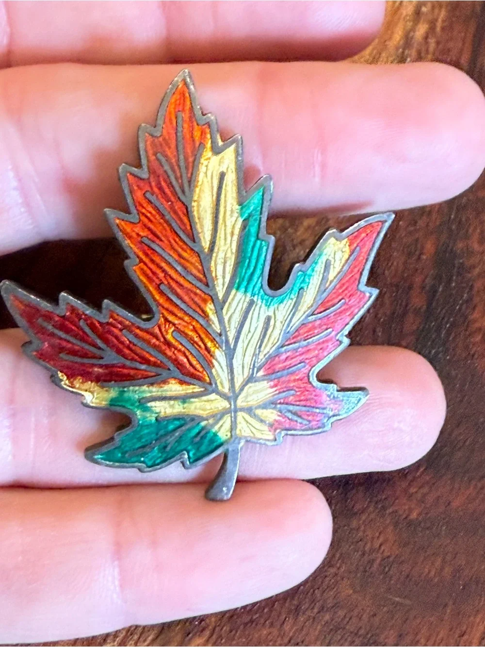 1950s Amco Sterling Silver Gullioche Enamel Maple Leaf Brooch Women’s Colorful